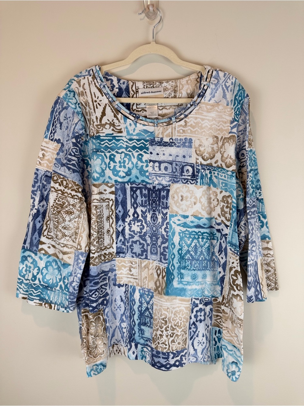 Alfred Dunner Blue and Cream Patchwork Print Top with Embellishments 2X